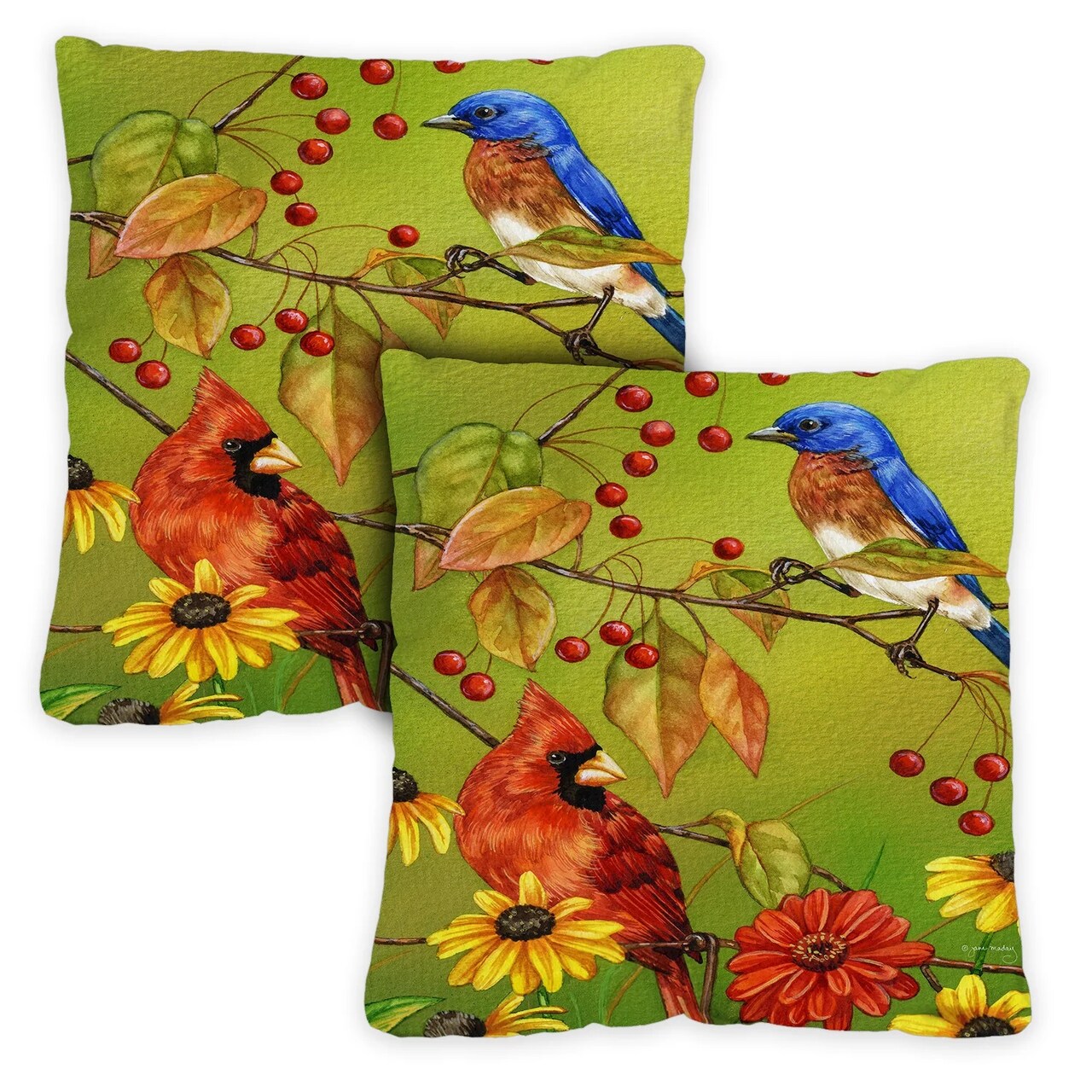 Toland Home Garden Set of 2 Birds N Berries Outdoor Patio Throw Pillow Covers 18”